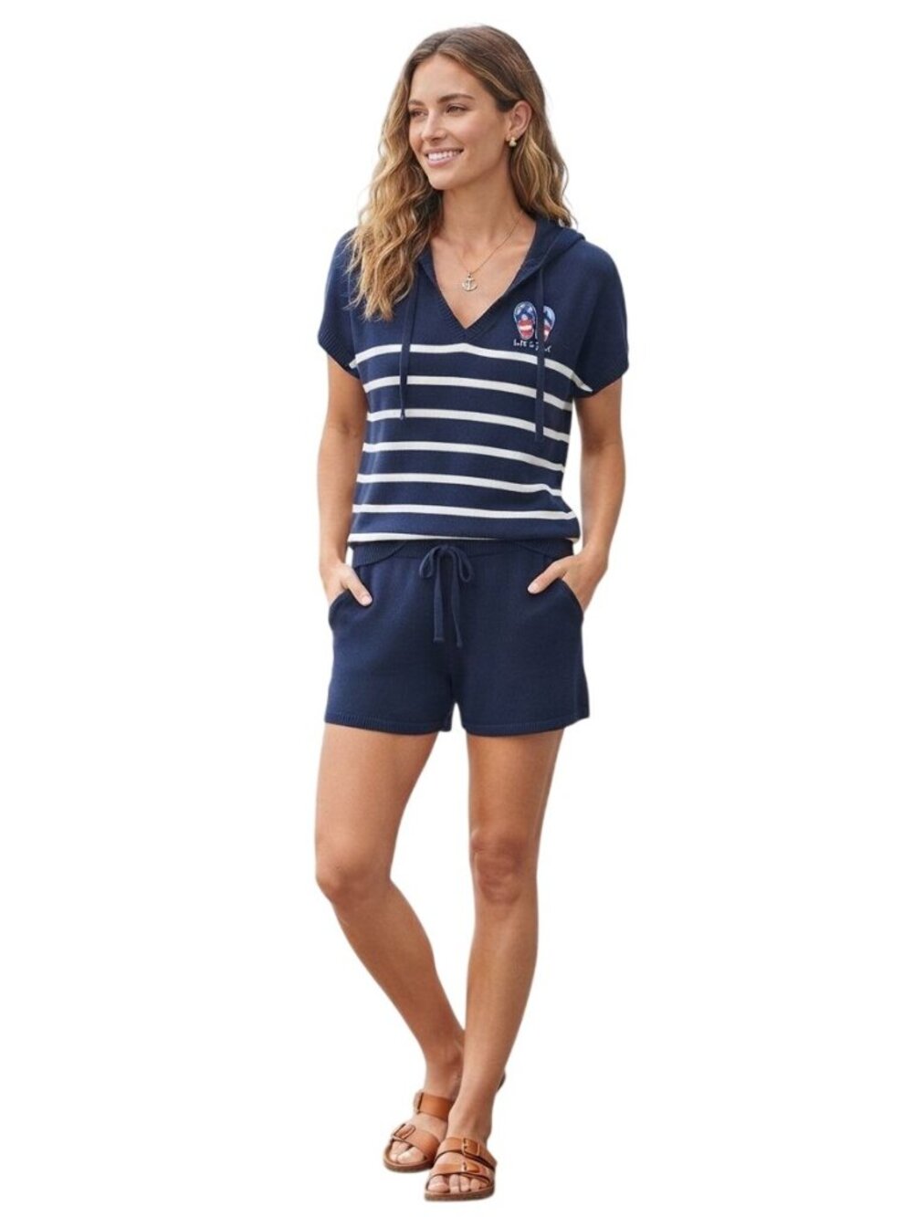 Life Is Good NWT 2 Piece Oversized Knit Short Set Hooded Stripe Sweater Size M